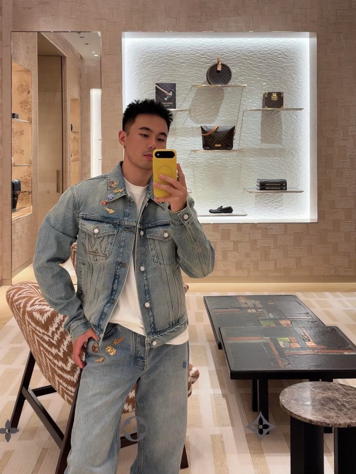 Louis Vuitton/Louis Vuitton hardware leather skateboard denim jacket